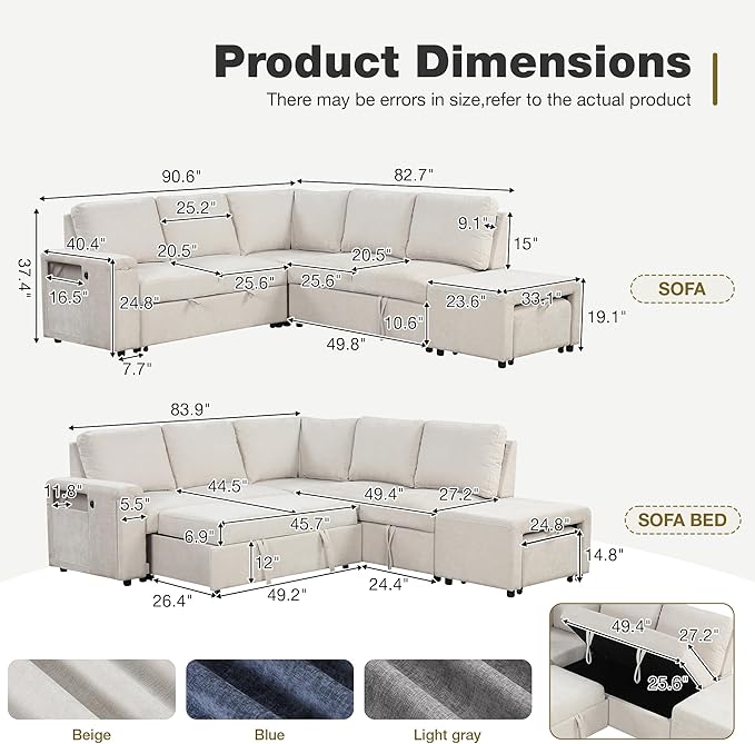 ERYE L-Shaped Multifunctional Sleeper Sectional with Hidden Storage and Cupholders, Modern Pull Out Sleeper Convertible Sofa Bed W/Storage Chaise, Ottoman, USB-C Ports