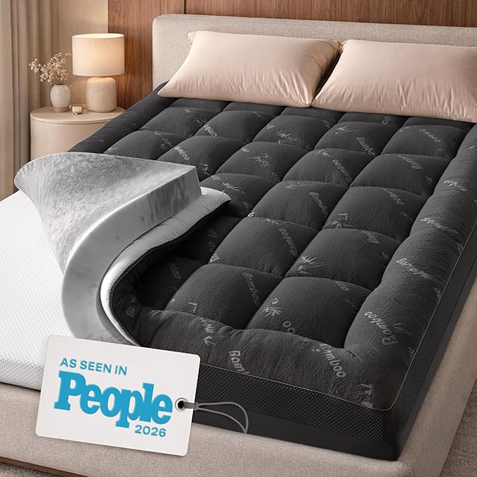 Dual-Layer 3.5 Inch Full Size Mattress Topper - 2” Memory Foam + 1.5” Viscose Made from Bamboo Mattress Pad - Double the Comfort & Back Support - Removable & Machine-Washable Cover, Dark Gray
