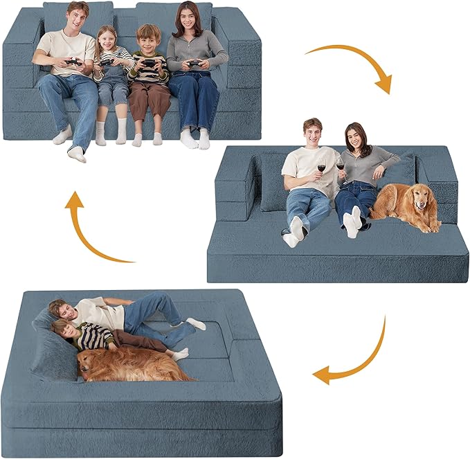 Futon Sofa Bed with Pillow, 3-in-1 Sleeper Sofa Bed with Removable Cover, Convertible Floor Sofa Bed, No Assembly Boneless Couch for Living Room, Bedroom