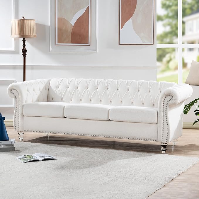 ERYE 84.5-Inch Classic 3 Seat Chesterfield Sofa Couches for Living Room Bedroom, 3 Seaters Button Tufted Teddy Fabric Upholstered Chesterfield Sofa Couch,Acrylic Legs | Button Tufted, Easy to Assemble, Nailhead, Removable Cushion