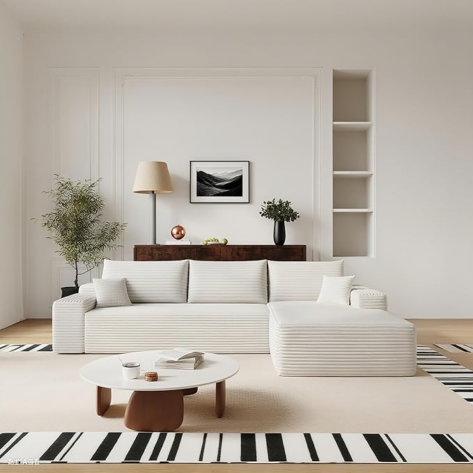 107" Oversized White Cloud L Shaped Sofa - Plush Corduroy Big Couch for Living Room Bedroom Apartment, Right Facing Chaise, No Assembly Required