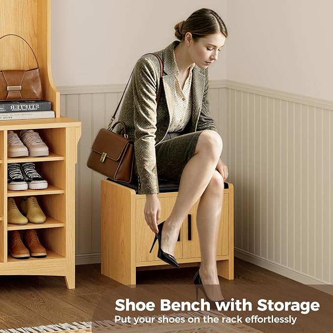 IRONCK Hall Tree with Bench and Shoe Storage, 6-in-1 Entryway Bench with Coat Rack, Adjustable Shelf, Hanging Hooks, 11 Shoe Cubbies, 2-Tier Top Storage, for Entryway, Bedroom, Living Room, Oak - Image 6