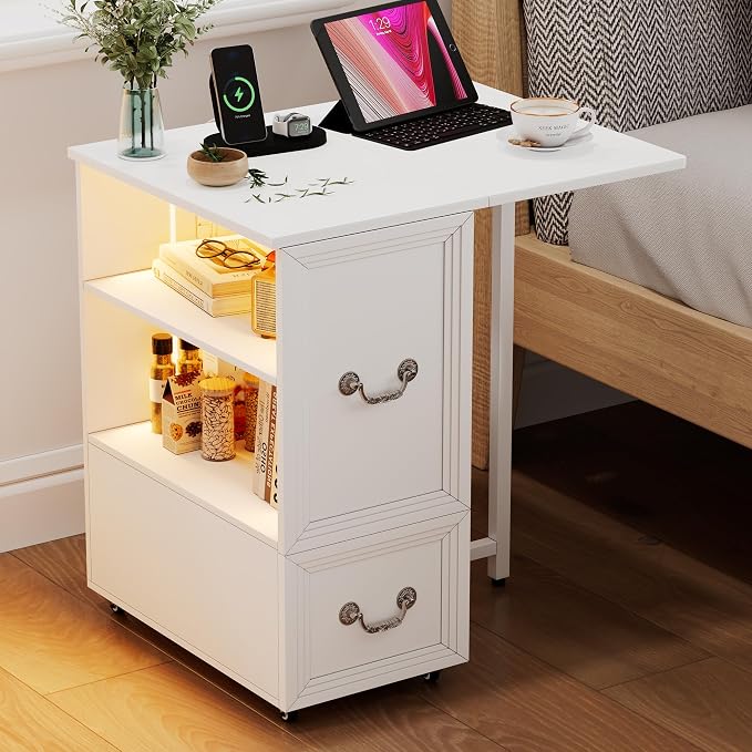 Lareth Side Table with Charging Station and Led Lights, Foldable Narrow End Table with Drawers and Bookshlef, Rolling Tall Nightstand for Small Space, Living Room (White-1pcs) by HOMEFURNITURE