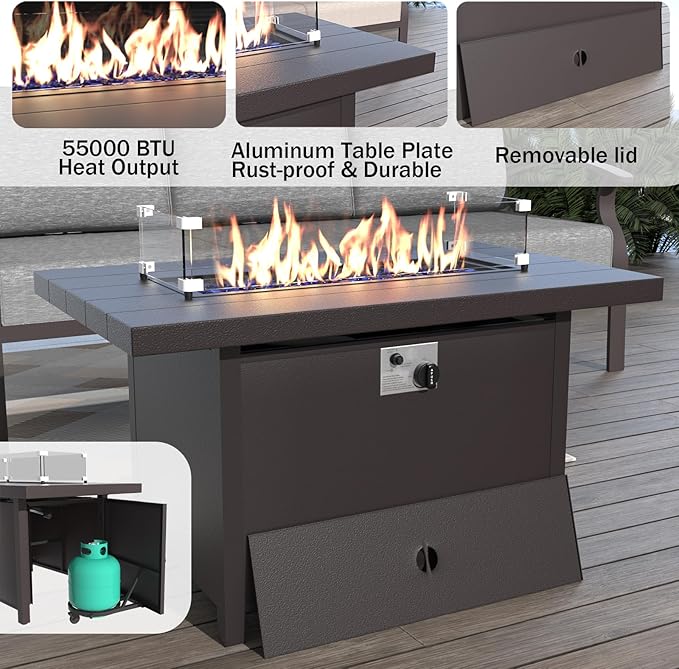 ALAULM Aluminum Patio Furniture Set with Propane Fire Pit Table Metal Outdoor Furniture w/Fire Pit Sectional w/5.1" Cushions and 7 Seats for Backyard, Poolside - Grey
