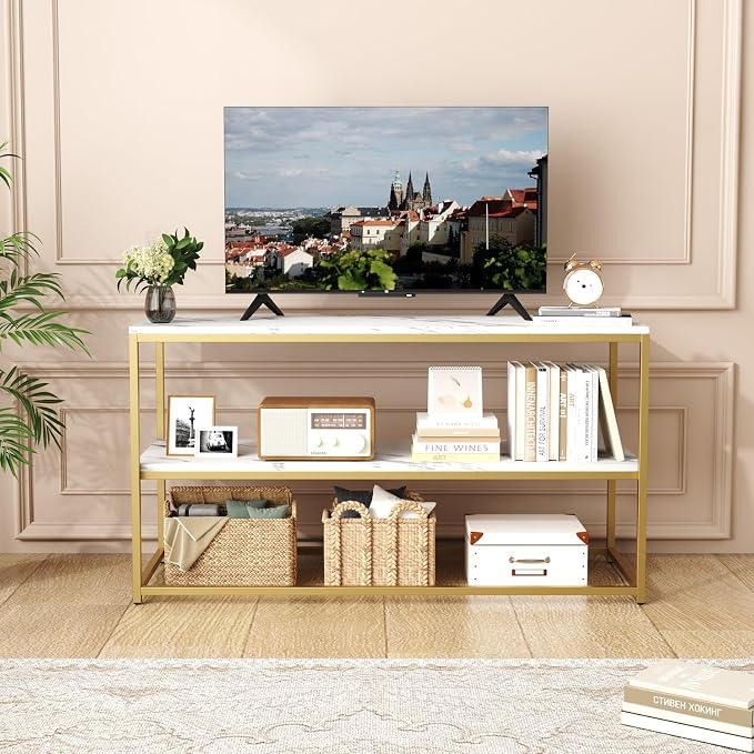 Function Home TV Stand for TVs up to 50 Inch, 2 Tier Entertainment Center, Modern TV Cabinet with Marble Top and Gold Metal Base, 42" Media Console Table with Storage for Living Room Bedroom - Image 6