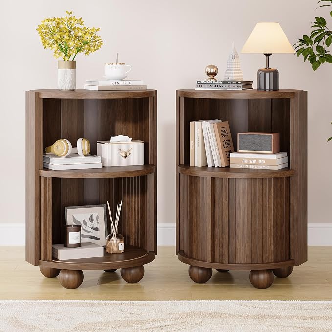Decofy Modern Round Nightstand with Sliding Doors and 2 Storage Shelves, Modern Bedside End Table,Suitable for Bedroom (Walnut) - Image 6