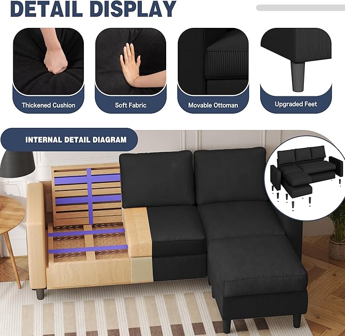 Shintenchi Convertible Sectional Sofa Couch,L-Shaped Modular Sofas with Reversible Ottoman,3-Seat Upholstered Corduroy Sofa Couch,Small Couches for Apartment,Living Room and Office(Black)