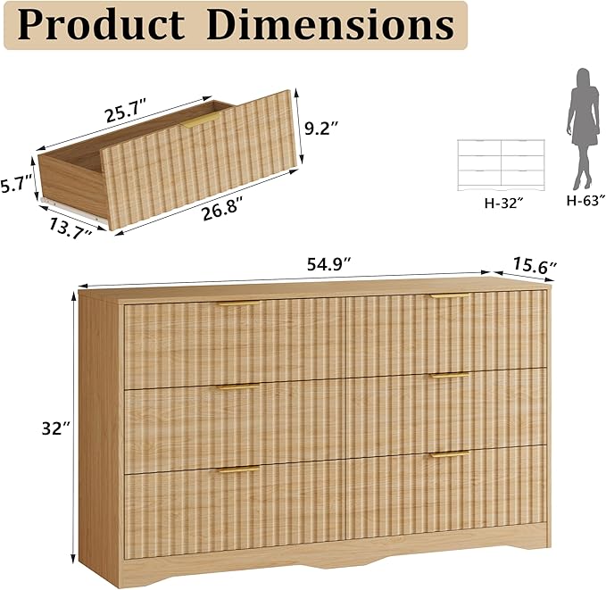 6 Drawer Dresser and Nightstand Sets for Bedroom, Modern Fluted 3 Pcs Bedroom Dresser Furniture Sets, Wood Chest of Drawers and Nightstand Set of 2 with Metal Handles, Natural Oak