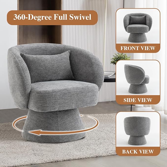 360° Swivel Accent Chair, Modern Velvet Barrel Chair with Pillow, Upholstered Single Sofa for Living Room, Bedroom, Office. Grey