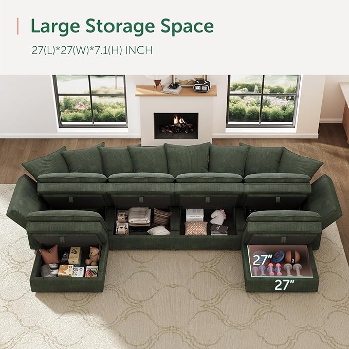 HONBAY Modular Sectional Sofa, 137 Inch U Shaped Corduroy Couch with Storage, Convertible Sectional Sofa with Deep Seat, Green