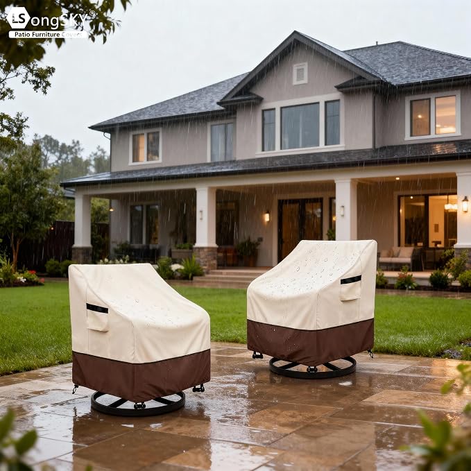 Outdoor Swivel Chair Cover 2 Pack,100% Waterproof Heavy Duty Patio Chair Covers,(30 W x 34 D x 38.5 H inches) Swivel Patio Chair for Outdoor Furniture Covers Waterproof,Beige&Brown - Image 5