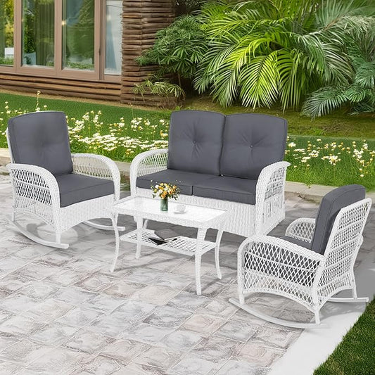 MEETWARM 4 Pieces Outdoor Wicker Patio Conversation Sets with Glider Loveseat, 2 Chairs with Coffee Table Wicker Rocking Chair Set, Patio Furniture Set with Thickened Cushions, White/Grey
