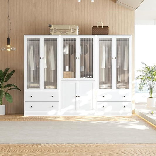 VOWNER 20“D Armoire Wardrobe Closet with Fluted Glass, 71" H Clothing Storage Cabinet with Hanging Rod, 4 Soft-Close Doors Wooden Wardrobe Cabinet for Bedroom, Large Capacity Storage White (AAC)