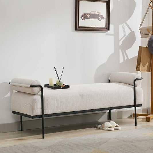 SOFTHION End of Bed Bench 61.2",Entryway Bench,Modern Upholstered Bench Ottoman,Chenille Paded Footrest Stool with Metal Legs for Living Room, Foyer Mudroom Hallway,Beige by SofthionDesign