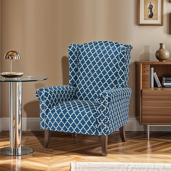 Modern Plaid Accent Chair, Mid-Century Upholstered Wingback Armchair Club Sofa Chair with Wooden Legs, Living Room Chair for Bedroom, Balcony, Lounge (Blue Check)