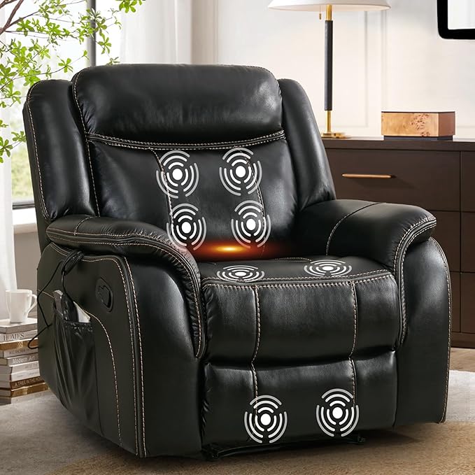 Massage Recliner Chair with Heat, Faux Leather Recliner Chairs for Adults, 39" Wide Manual Reclining Ergonomic Lounge Chair, Overstuffed Wall Hugger Recliners for Living Room, Black