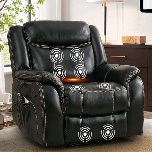 Massage Recliner Chair with Heat, Faux Leather Recliner Chairs for Adults, 39" Wide Manual Reclining Ergonomic Lounge Chair, Overstuffed Wall Hugger Recliners for Living Room, Black