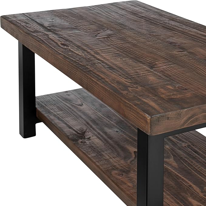Alaterre Furniture Pomona Living Room Tables – 42 Inch Rectangular Solid Wood Coffee Table with Storage Shelf & Metal Legs – Rustic Industrial Farmhouse Living Room Table (Rustic Brown)