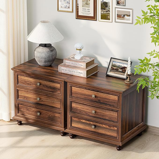 Joaxswe 24" Wide Farmhouse Night Stand Set of 2,Large End Table with 3 Drawers & Metal Handle,Wood Dresser for Bedroom,Bed Side Table Chest of Drawers Cabinet,Brown Nightstand for Living Room,Closet - Image 8
