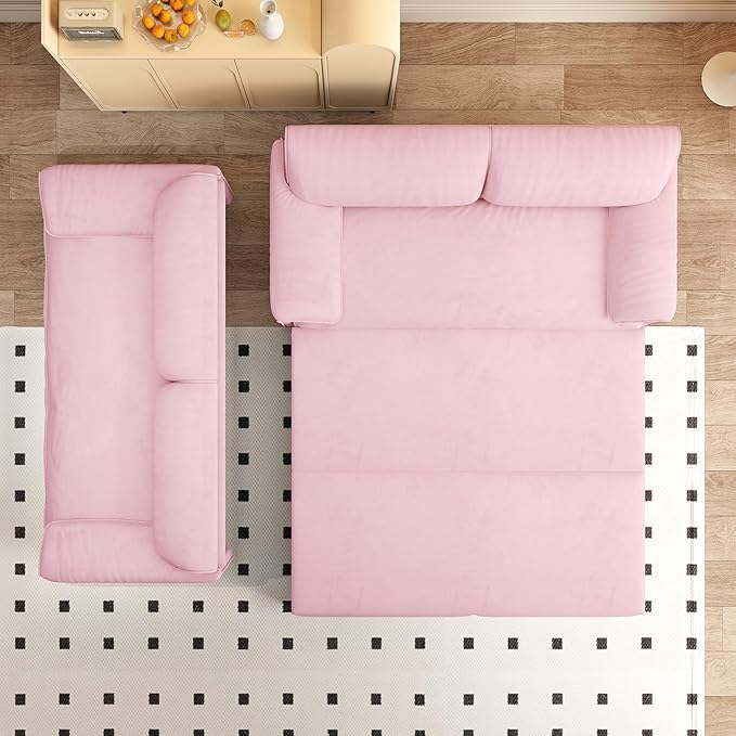 66" Queen Size Pull Out Sofa Bed, 3-in-1 Convertible Sleeper with Side Storage and Wheels, Velvet Loveseat for Living Room, Apartment, Bedroom, Pink (Mattress & Bedding Not Included)
