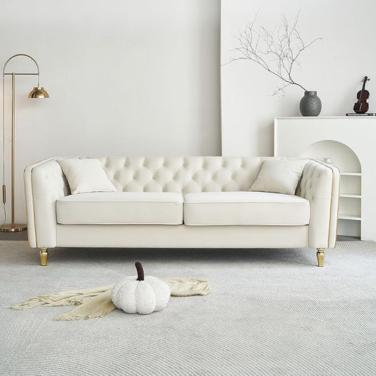 KEIKI 87" Chesterfield Velvet Button Tufted Sofa with High Density Foam Cushions, Modern Style 3-Seater Couch with Gold Strip Trim Decoration, Easy Assembly, for Apartment, Living Room, Office, Beige