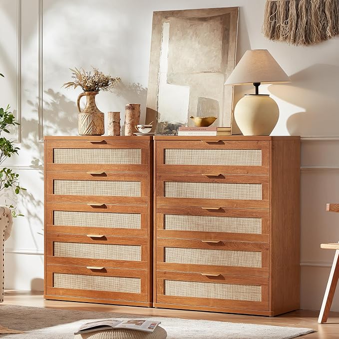 LEYAOYAO Dresser for Bedroom, 41" Tall Chest of Drawers, Modern 5 Drawers Boho Rattan Dressers with Storage, Dresser Wooden Closet Organizer for Living Room, Hallway, Tea Brown - Image 4