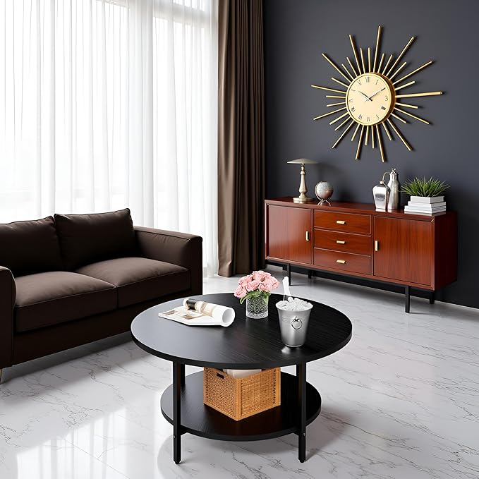 Coffee Table, 27.6“ Circle Coffee Tables for Living Room, 2 Tier Round Coffee Table with Storage, Wood Accent Center Floor Table for Bedroom, Industrial Home Office, Elegant Gray