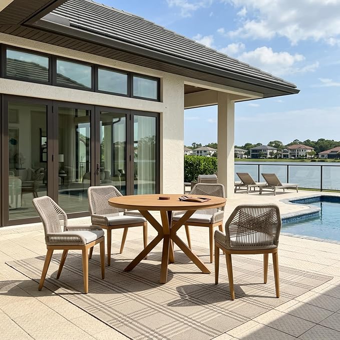 PURPLE LEAF 5 Pieces Round Dining Set Patio Aluminum Modern Oversize Round Table and Wicker Chairs with Cushions for Kitchen Porch Garden Outdoor Furniture Sets, Teak by PURPLELEAF