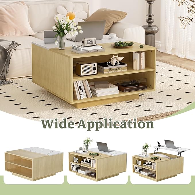 Lift Top Coffee Table with Storage, Fluted Natural Wood Square Center Table with Open Storage, Living Room Central Table w/Large Hidden Space, for Living Room, Bedroom, Home Office