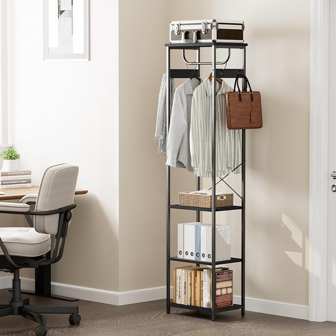 Coat Rack With Hanging Rod, Garment Rack With 3 Wooden Shelves and 4 Hooks, Freestanding Hall Tree, Industrial Clothes Rack Stand Organizer, Black - Image 7