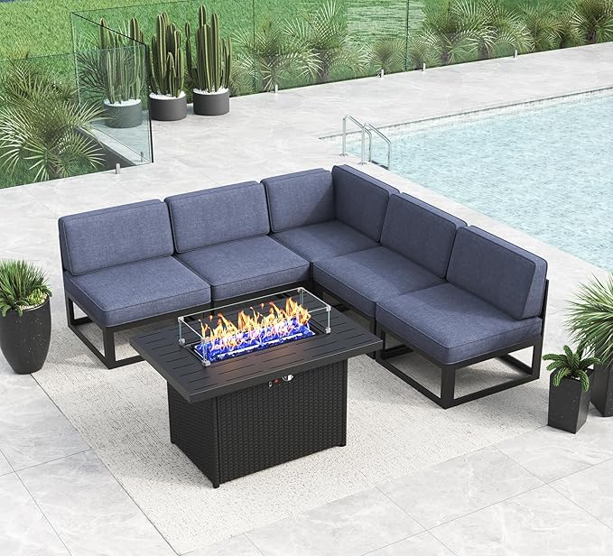 LayinSun Large Aluminum Patio Furniture Set with Fire Pit Table, 6 Pieces Modern Outdoor Conversation Set Sectional Metal Sofa Set with Olefin Cushion