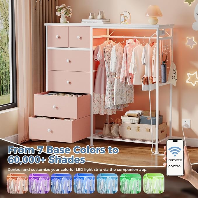 DUMOS Dresser for Bedroom with Hanging Rack, 6 Drawer Fabric Dresser with Charging Station and LED Lights, Closet Organizer & Storage Tower for Living Room, Entryway, Apartment, Pink - Image 6