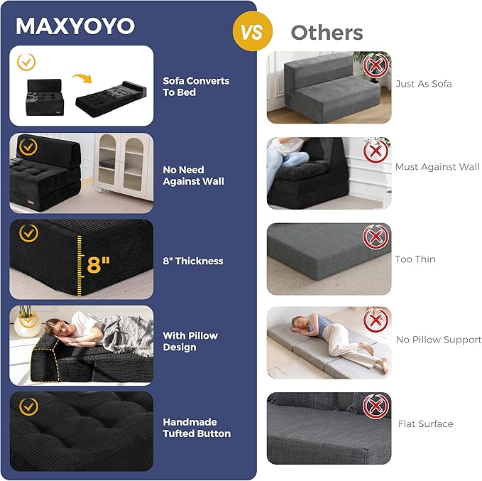 MAXYOYO 8" Folding Sofa Bed, Convertible Sleeper Sofa Lounger Foldable Mattress, Wedge Shape Floor Couch Tufted Fold Out Chair Bed Comfy Floor Couch Lounge for Living Room Bedroom, Single, Black