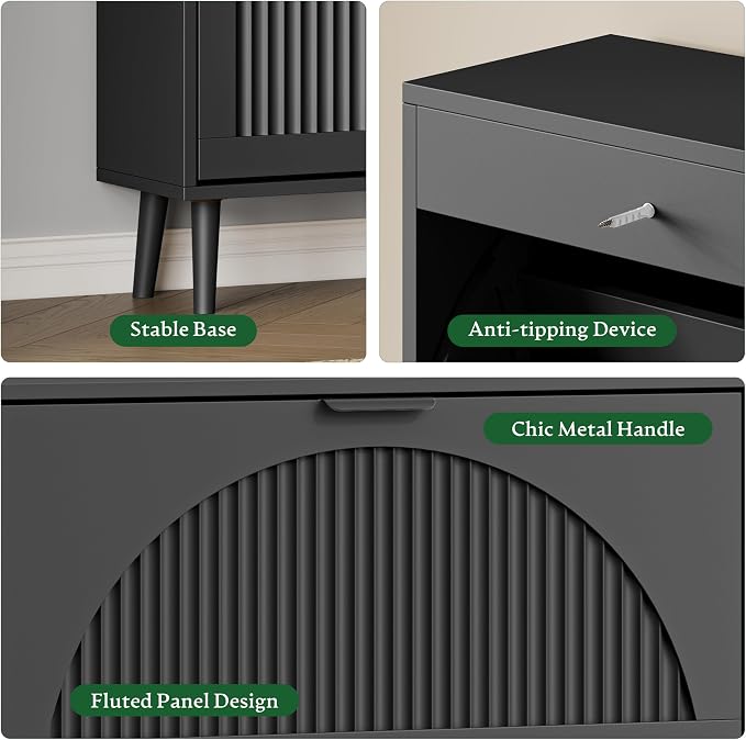 Xixini Shoe Storage Cabinet with 4 Flip Drawers, 36" Freestanding Wood Fluted Shoe Organizer for Entryway, Tall Narrow Wooden Hidden Slim Shoe Rack for Front Door Entrance, Hallway, Foyer, Solid Black - Image 4