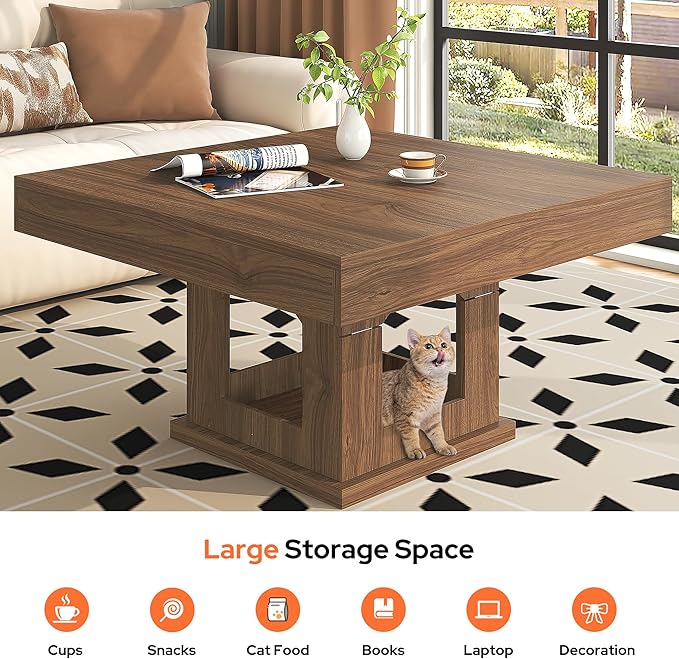 Square Coffee Table, Wood Coffee Table with Storage, Farmhouse Cat House Low Center Tables Cocktail Table for Living Room, Rustic Brown