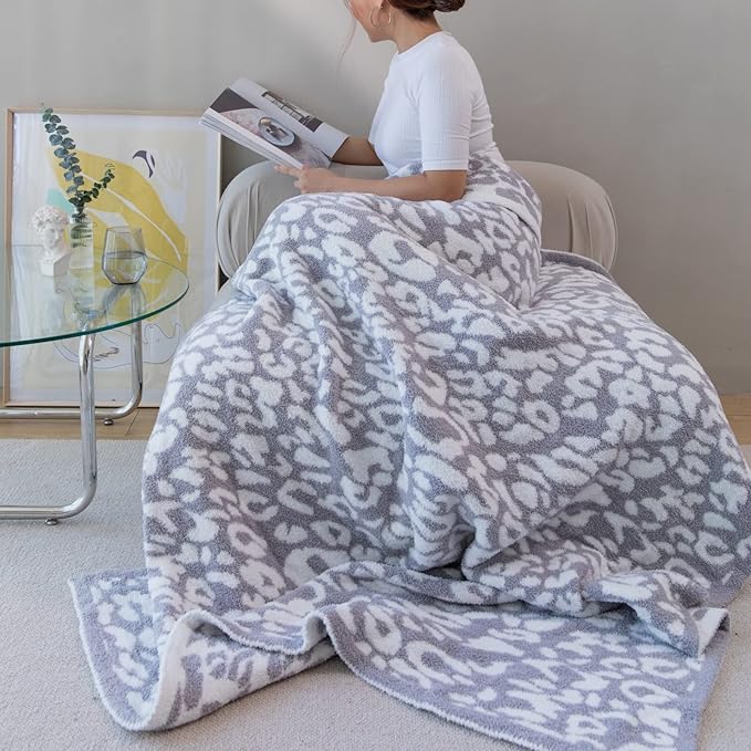 MH MYLUNE HOME Large Soft Micro Plush Leopard Blanket (71x78 inches, White Grey) Warm Reversible Cheetah Blanket Leopard Pattern Throw for Couch Bed Sofa