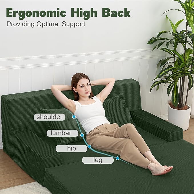 MeMoreCool Boneless Loveseat Sofa Bed – Dark Green Corduroy Convertible Futon Couch, Foldable Floor Sleeper with Foam & Pillow, Washable Cover for Bedroom, Apartment, Small Living Room