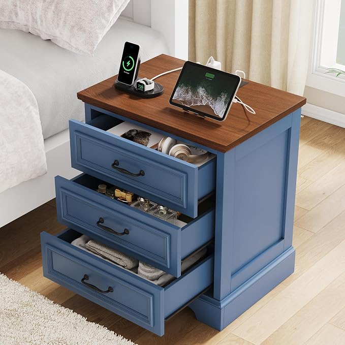 Farmhouse Nightstand Set of 2, Wood Night Stand with 3 Drawers and Charging Station Modern Bedside Table for Bedroom End Side Table Storage Cabinet Small 6 Drawers Dresser (2, Blue) - Image 2