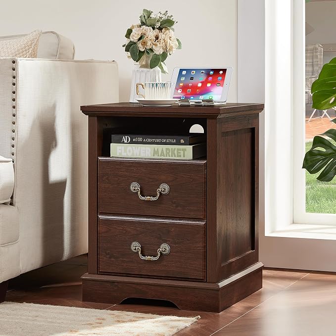 Farmhouse Nightstands Set of 2 with Charger Station, 2 Drawers Night Stand with Storage Shelf, Rustic Brown 18" Wide Wood Bedside Table, Bed Side End Tables for Bedroom, Living Room,Walnut - Image 9