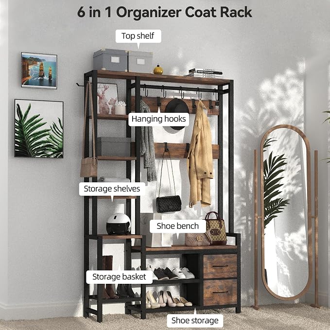 Hall Tree for Entryway 43", Bench with Shoe Storage, Large Coat Rack Shoe Bench with 5 Tier Shelves, 5 in 1 Design Front Door Shoe Rack and Wall Rack Hooks, and 2 Drawers (Rustic Brown) - Image 3