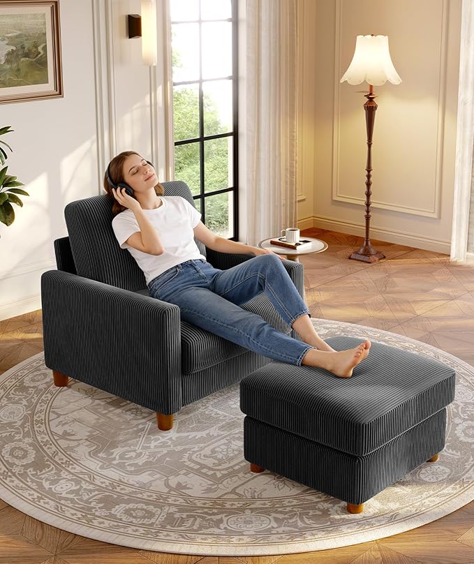 25.2" Couches for Living Room, Comfy Grey Ottoman with Storage, Foot Rest Tool-Free Setup, Small Ottoman Foot Rest for Couch, Corduroy Couch for Bedroom, Apartment, Office