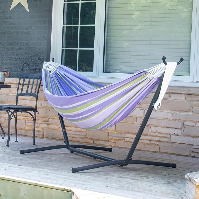 Vivere Double Cotton Hammock with Space Saving Steel Stand, Upgraded Polyester End Strings 450 lb Capacity - Premium Carry Bag Included - USA Grown Cotton (Tranquility) - Image 4