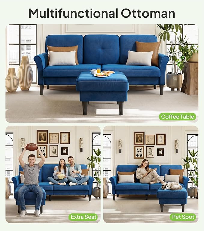 Sofas for Living Room, 83" Velvet Sectional Couch with Moveable Ottoman, Midcentury Modern Small Sectional Couch, L Shape Sofa & 2 Seater, Couches for Living Room, Apartment, Bedroom