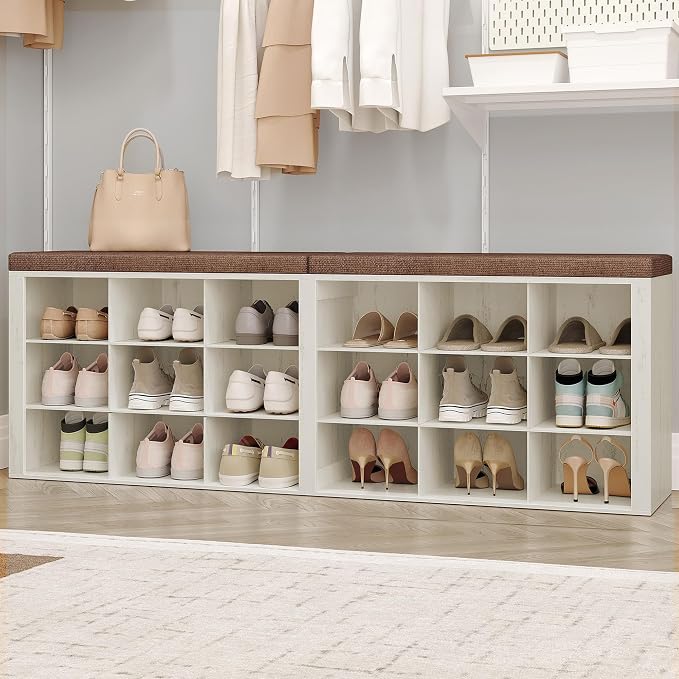 Hzuaneri Shoe Storage Bench with Cushion, Entryway Storage Bench with 18 Cubbies, 9.5" Widened Organizer Cabinet, Long Cubby Rack for Living Room, Bedroom, Entryway, White and Brown SB25714KA by Hzuaneri