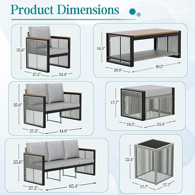HOMREST 5 Pieces Patio Set Outdoor Furniture Set with Wood Armrest, Modern Chair Patio Conversation Sets with Ottomans and Coffee Table for Garden Balcony Backyard Poolside (Grey)