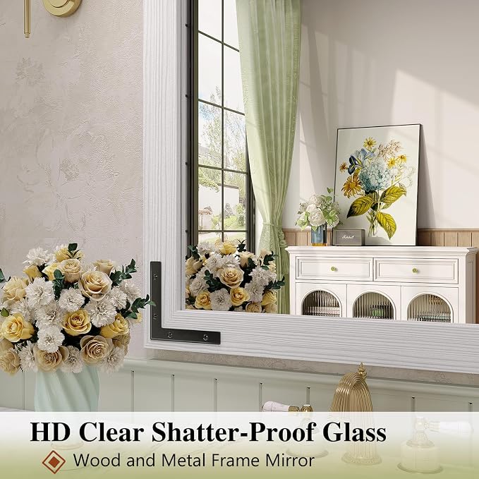 White Farmhouse Bathroom Mirror, 40x26 Inch White Vanity Mirror for Wall, Wood Framed Rustic Mirror Rectangular Wall Decor Mirrors for Entryway Living Room Bedroom - Image 4