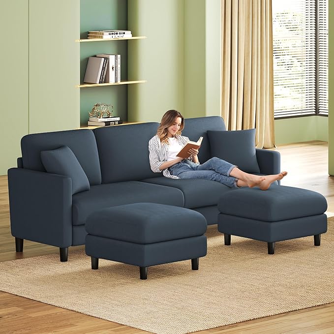 83" Couches for Living Room, Comfy Sofas for Living Room with Storage Ottomans, Teddy Sofa Couch, Tool-Free Loveseat Sofa, All-Wood Love Seat Couches, U Shaped Couch Pillows Include, Blue Grey
