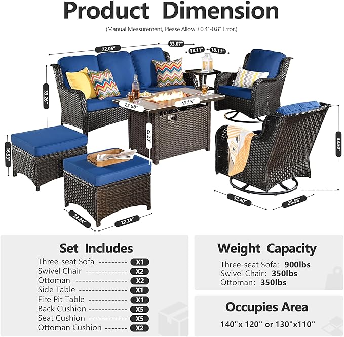 HOOOWOOO Patio Furniture Set,7 Piece Outdoor Furniture Set with Fire Pit Table,Wicker Patio Conversation Couch Swivel Chairs Ottoman Set,Navy Blue