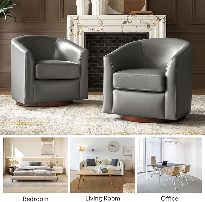 HULALA HOME Genuine Leather Swivel Accent Chair with Solid Wood Base, Round Swivel Barrel Chair for Living Room and Bedroom, No Assembly Required, Grey