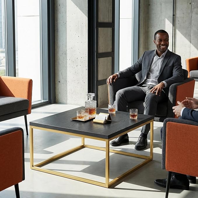 CENSI 30" Square Coffee Table, Black Oak & Gold Living Room Center Table, Modern Industrial Glam Style, Extra Thick 1.2" Wood Top, Sturdy Metal Frame, Luxury Cocktail Table, Easy Assembly